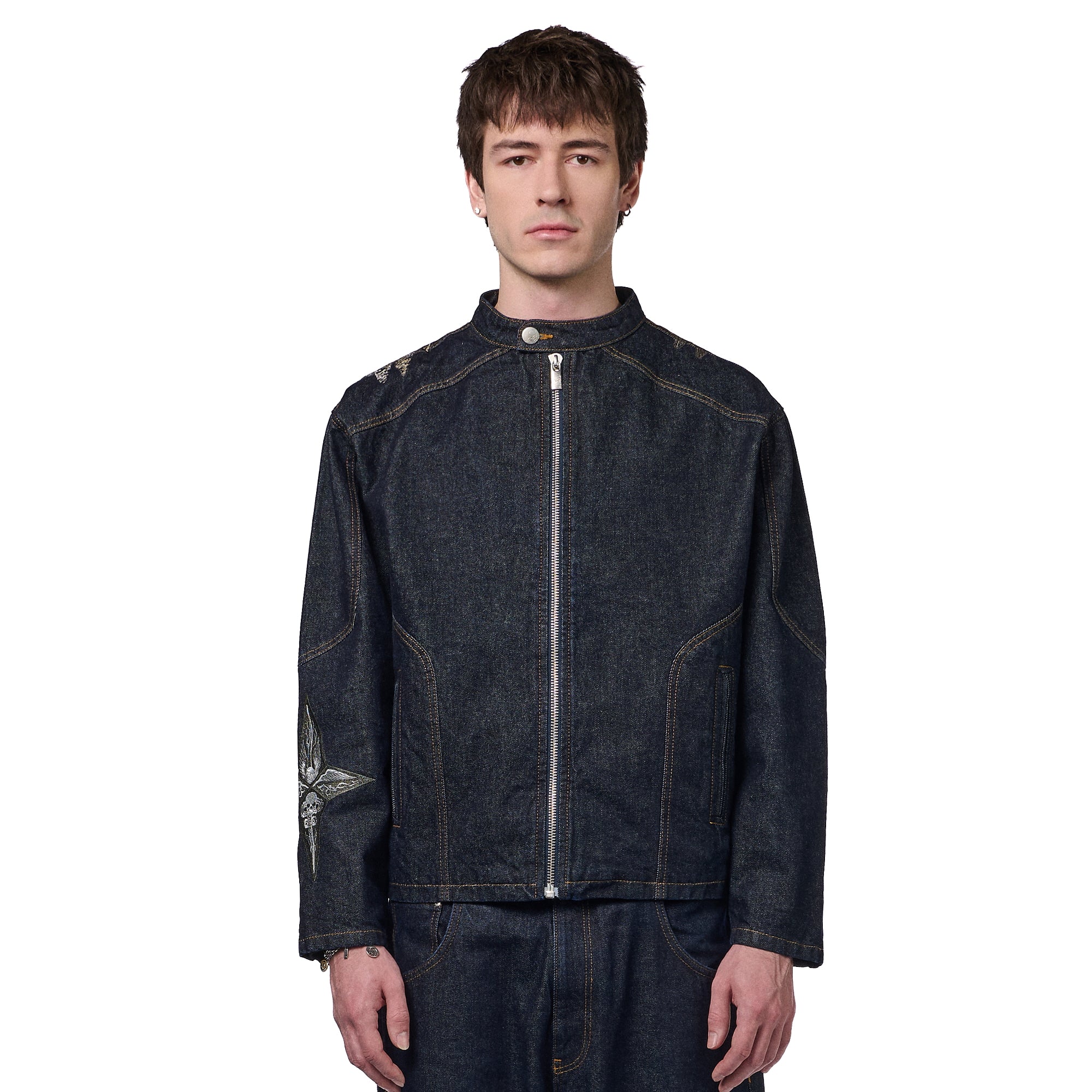 "hellboy" indigo raw denim Biker jacket - Image 10