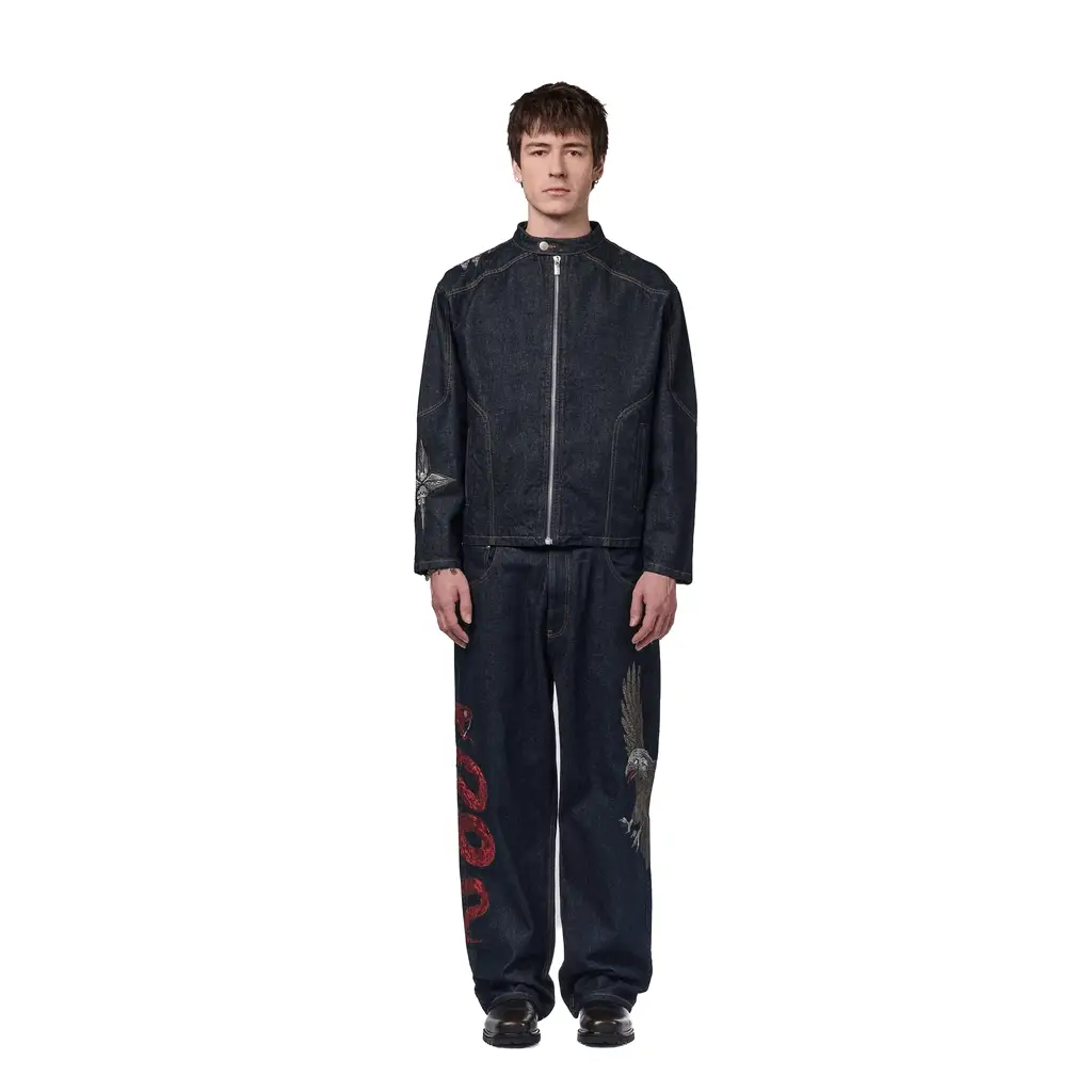"hellboy" indigo raw denim Biker jacket - Image 14
